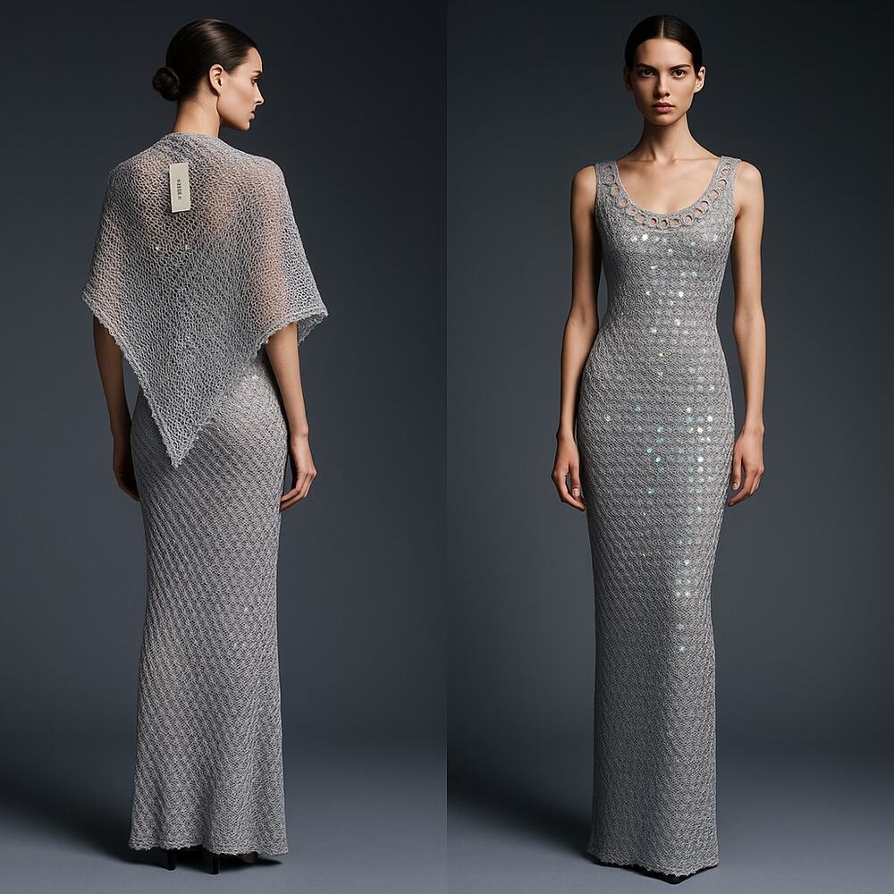 Women's Hand Crochet Sequin Sparkly Gown Shawl Silver S Formal Elegant DiscoLuxe